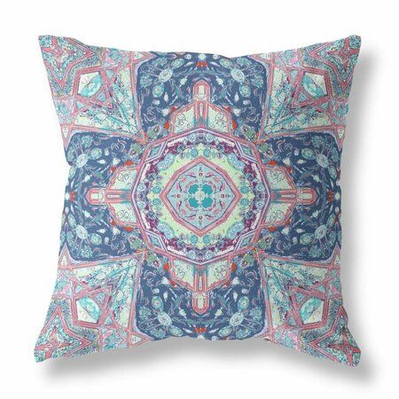 PALACEDESIGNS 16 in. Floral Geo Indoor Outdoor Throw Pillow Blue & Pink PA3096449